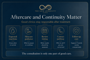 Aesthetic treatment aftercare guide covering expected reactions, skincare instructions, review timing, contact pathways and follow-up care.