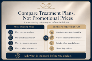Comparison of an aesthetic treatment promotional price with the complete treatment plan and likely overall cost.