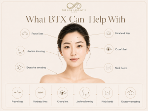 BTX treatment areas including frown lines forehead lines crow’s feet jawline slimming neck bands and excessive sweating