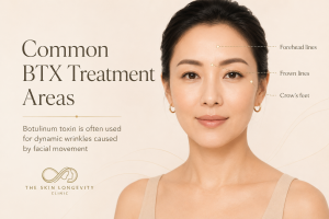 Common BTX treatment areas including forehead lines frown lines and crow’s feet