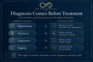 Infographic showing how pigmentation, tired eyes, large pores and sagging can have several different causes.