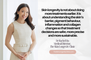 Quote card from Dr Rachel Ho on skin longevity assessment, barrier health, pigment behaviour, inflammation, collagen changes and sustainable treatment planning.