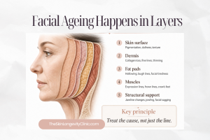 Diagram showing facial ageing layers including skin surface, dermis, fat pads, muscles and structural support.