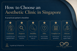 Six-point checklist for choosing an aesthetic clinic in Singapore, covering credentials, diagnosis, suitability, risks, costs and aftercare.
