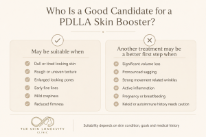 Who is a good candidate for a PDLLA skin booster and who may need another treatment first