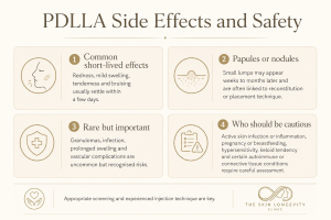PDLLA skin boosters side effects and safety including redness swelling bruising nodules granulomas and who should be cautious