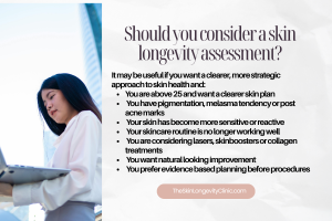 Checklist showing who may consider a skin longevity assessment in Singapore, including adults above 25 with pigmentation, sensitivity, acne, texture changes or interest in evidence based skin planning.