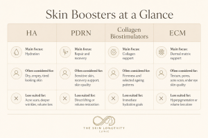 Skin boosters at a glance comparing HA, PDRN, collagen biostimulators and ECM skin boosters