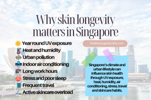Singapore skin longevity graphic showing UV exposure, heat, humidity, pollution, air conditioning, work stress, sleep, travel and skincare overload as factors affecting skin health.