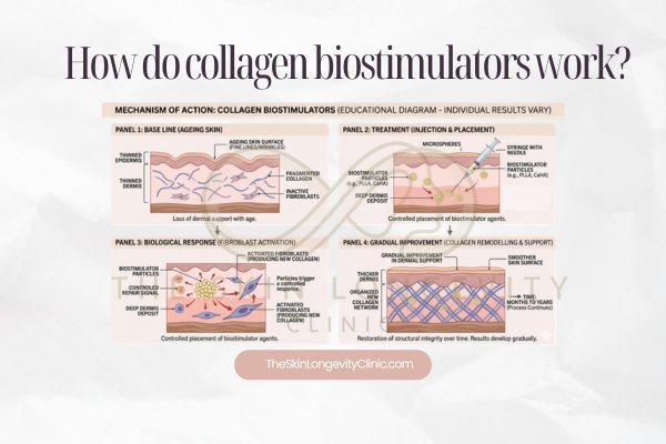 Timeline showing how collagen biostimulator results develop gradually over weeks to months