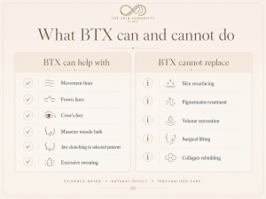 BTX works best when the concern is driven by muscle activity or selected sweat gland activity.