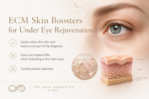 ECM skin boosters for under eye rejuvenation, thin skin and fine texture