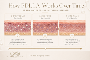 Timeline showing how PDLLA works over time from early phase to collagen remodelling