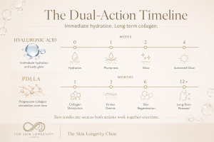 PDLLA HA dual action timeline showing immediate hydration and long term collagen stimulation