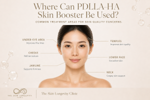 PDLLA HA skin booster treatment areas including under eyes cheeks temples lower face jawline and neck