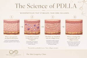 Medical illustration showing how PDLLA microparticles stimulate collagen production in the dermis