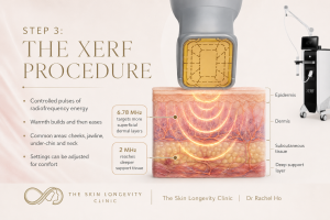 XERF procedure showing radiofrequency energy reaching superficial and deeper skin layers