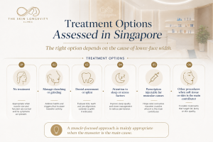 Comparison of treatment options for lower-face width, including observation, clenching management, dental care and prescription injectable treatment.