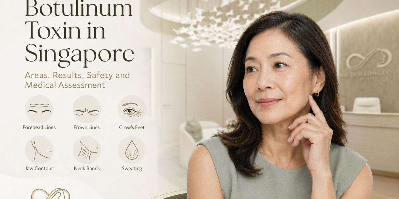 Botulinum toxin in Singapore for forehead lines, frown lines, crow’s feet, jaw contour, neck bands and excessive sweating with doctor led assessment at The Skin Longevity Clinic