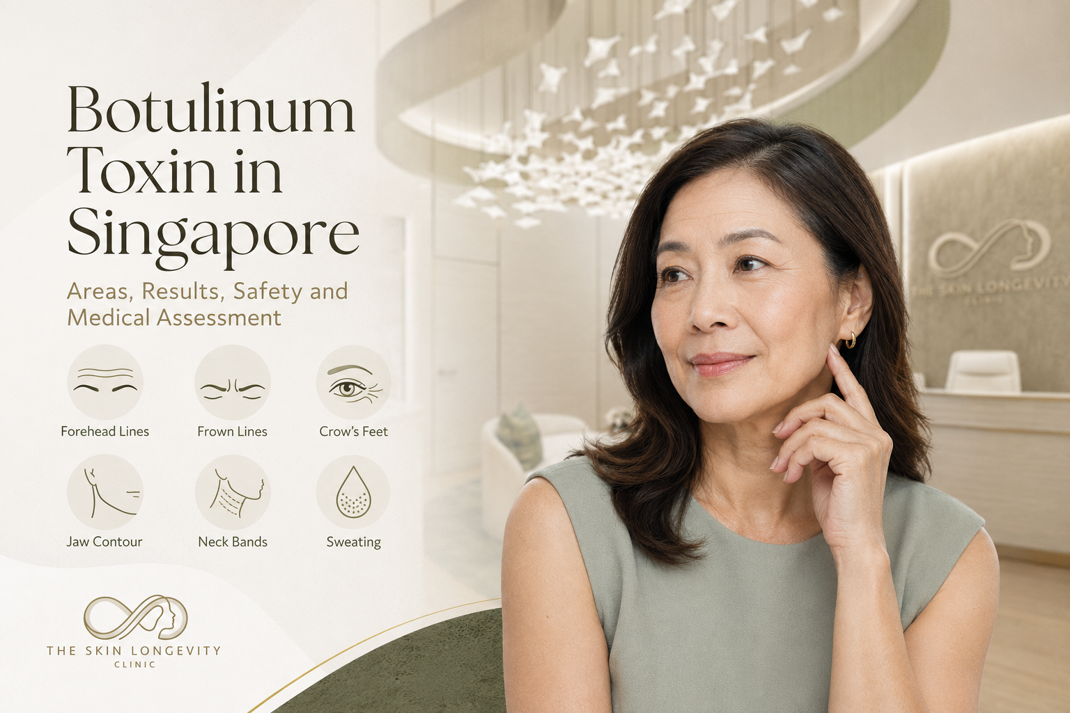 Botulinum toxin in Singapore for forehead lines, frown lines, crow’s feet, jaw contour, neck bands and excessive sweating with doctor led assessment at The Skin Longevity Clinic