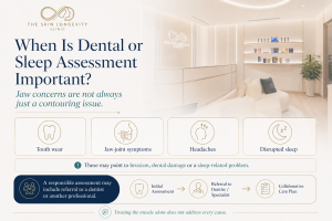 Infographic showing when tooth wear, jaw-joint symptoms, headaches or disrupted sleep may require dental or sleep assessment.