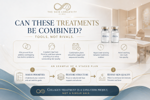 Infographic showing how PDLLA and PLLA may be combined in a staged treatment plan, with attention to sequencing, spacing and treatment goals.