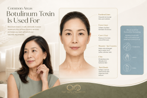 Common areas where botulinum toxin may be used in Singapore including forehead lines, frown lines, crow’s feet, masseter jaw concerns, chin, neck bands and excessive sweating