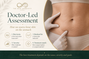 Doctor led assessment for loose skin on the stomach in Singapore including laxity, fat, severity and treatment match