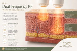Dual frequency RF for abdominal skin tightening showing superficial and deep radiofrequency heating in the skin