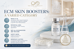 ECM skin booster infographic explaining that ECM treatments vary by product, with differences in ingredients, evidence base and safety profile.