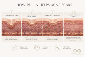 Types of atrophic acne scars including ice pick scars, boxcar scars and rolling scars