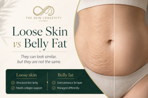 Loose skin versus belly fat on the stomach showing the difference between abdominal skin laxity and subcutaneous fat