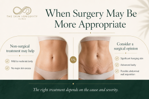Loose stomach skin showing when non surgical treatment may help versus when surgery may be more appropriate