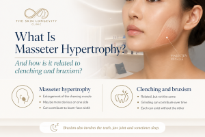 Medical infographic explaining masseter hypertrophy and its relationship with jaw clenching, teeth grinding and bruxism.