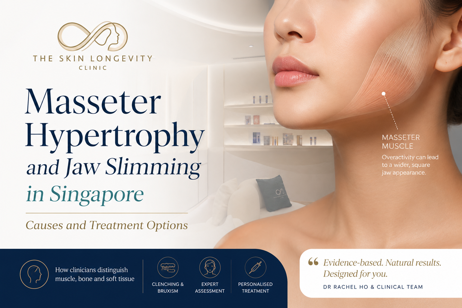Illustration of the masseter muscle beside the jaw with an overview of masseter hypertrophy and jaw slimming assessment in Singapore.