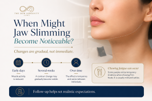 Jaw-slimming timeline showing reduced muscle activity followed by gradual changes in lower-face contour over several weeks.