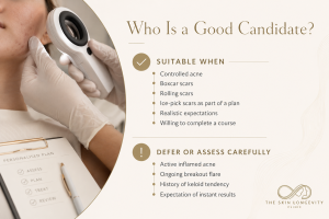 Good candidate for PDLLA acne scar treatment with controlled acne, boxcar scars, rolling scars and realistic expectations