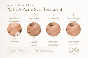 PDLLA acne scar treatment timeline showing treatment course, early settling, 2 to 3 month collagen improvement and refinement