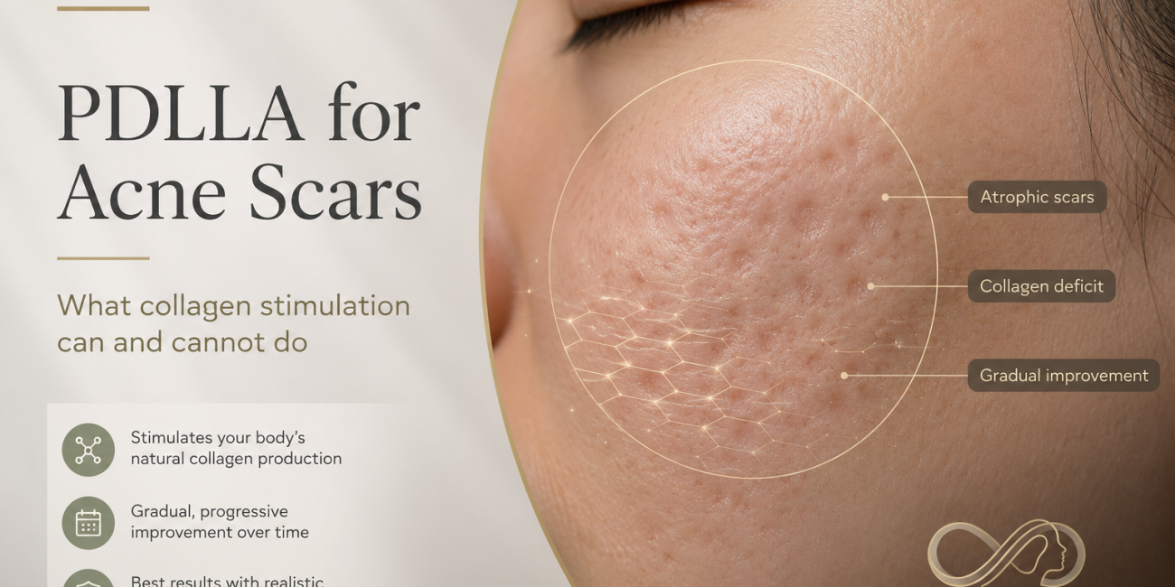 PDLLA for acne scars in Singapore showing atrophic acne scars, collagen deficit and gradual skin improvement