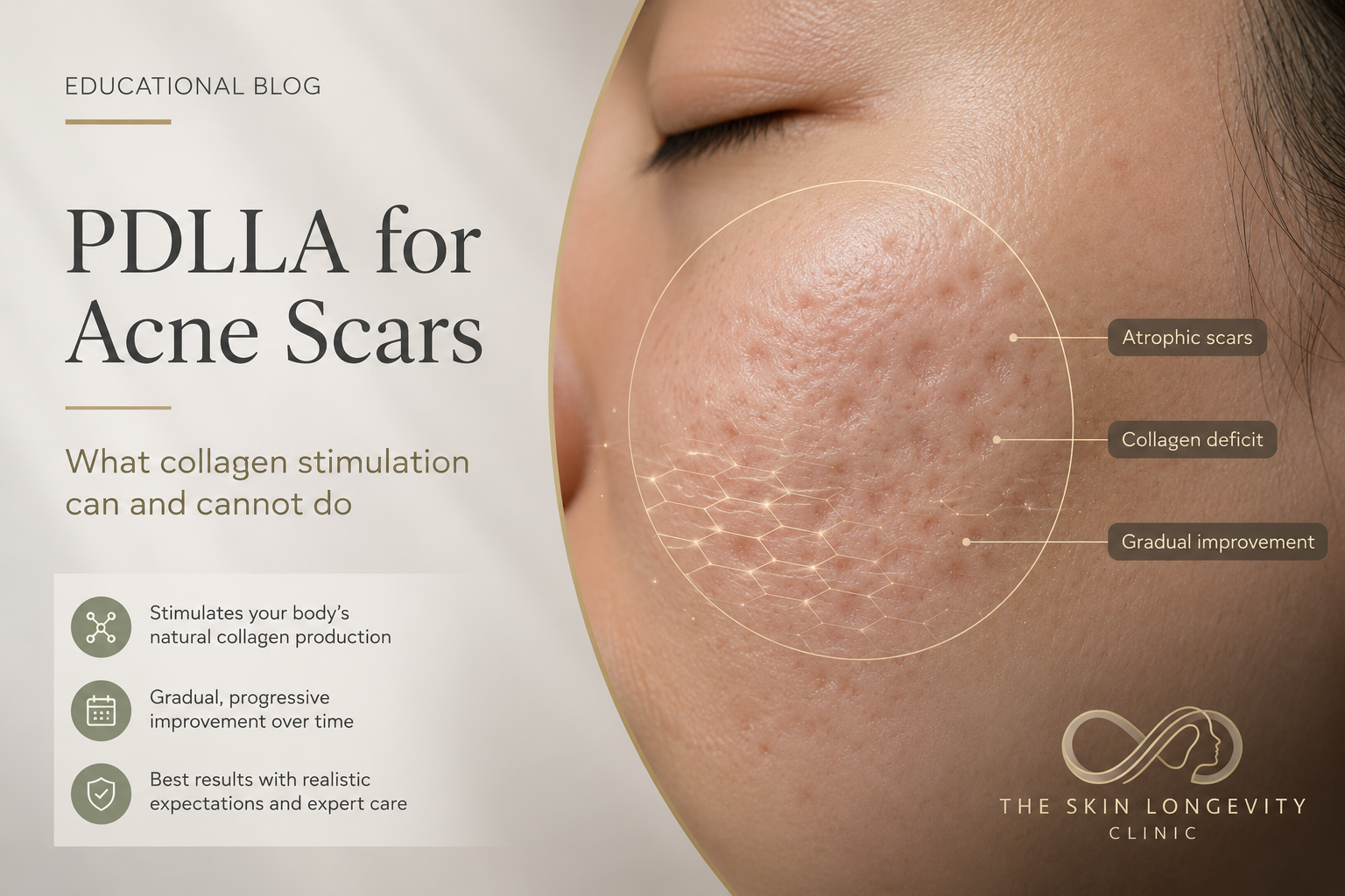 PDLLA for acne scars in Singapore showing atrophic acne scars, collagen deficit and gradual skin improvement