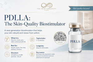PDLLA skin booster infographic showing its role in skin quality, texture, pores, fine lines, treatment sessions and typical longevity.