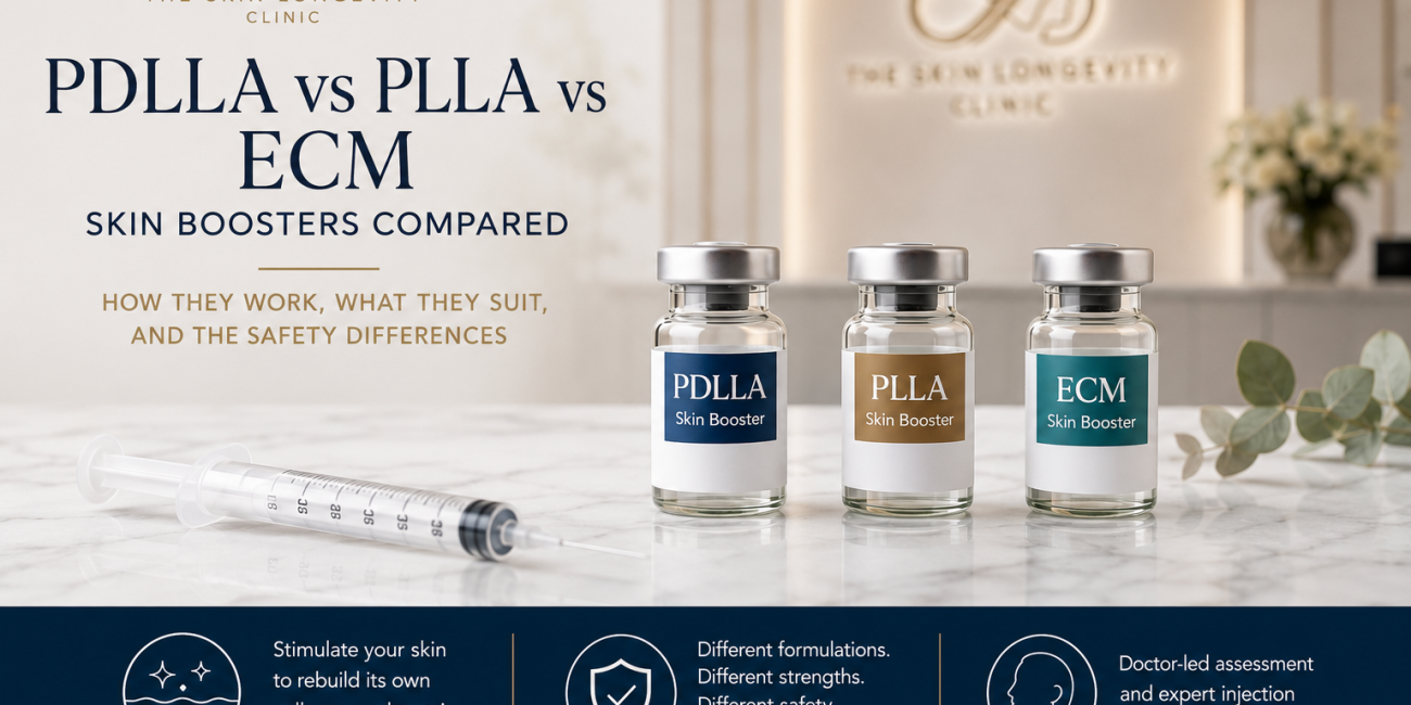 Comparison graphic showing PDLLA, PLLA and ECM skin boosters in Singapore, with the main differences in how they work, what they suit and key safety considerations.