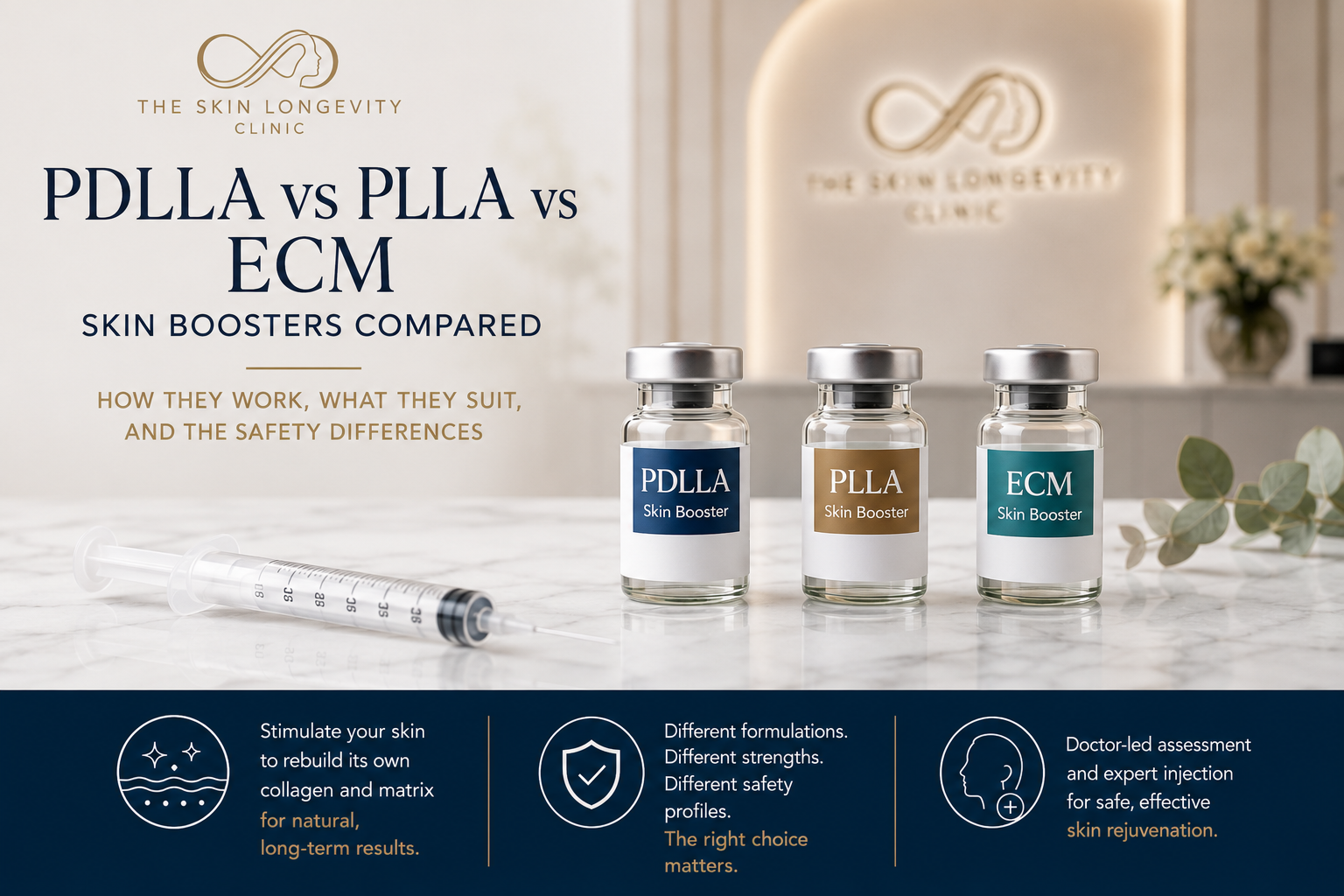 Comparison graphic showing PDLLA, PLLA and ECM skin boosters in Singapore, with the main differences in how they work, what they suit and key safety considerations.