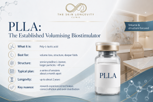 PLLA skin booster infographic showing its role in collagen stimulation, facial volume support, deeper folds, treatment planning and durability.
