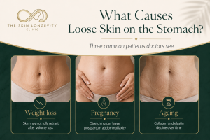 What causes loose skin on the stomach including weight loss, pregnancy and ageing related collagen loss