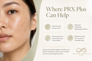 Where PRX Plus can help with dull skin, uneven tone, superficial hyperpigmentation and brown post acne marks