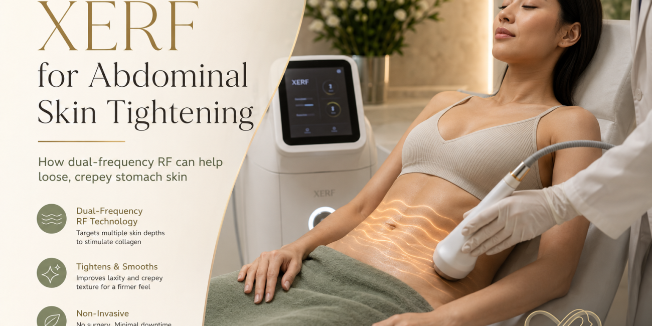 XERF abdominal skin tightening in Singapore using dual frequency RF for loose and crepey stomach skin