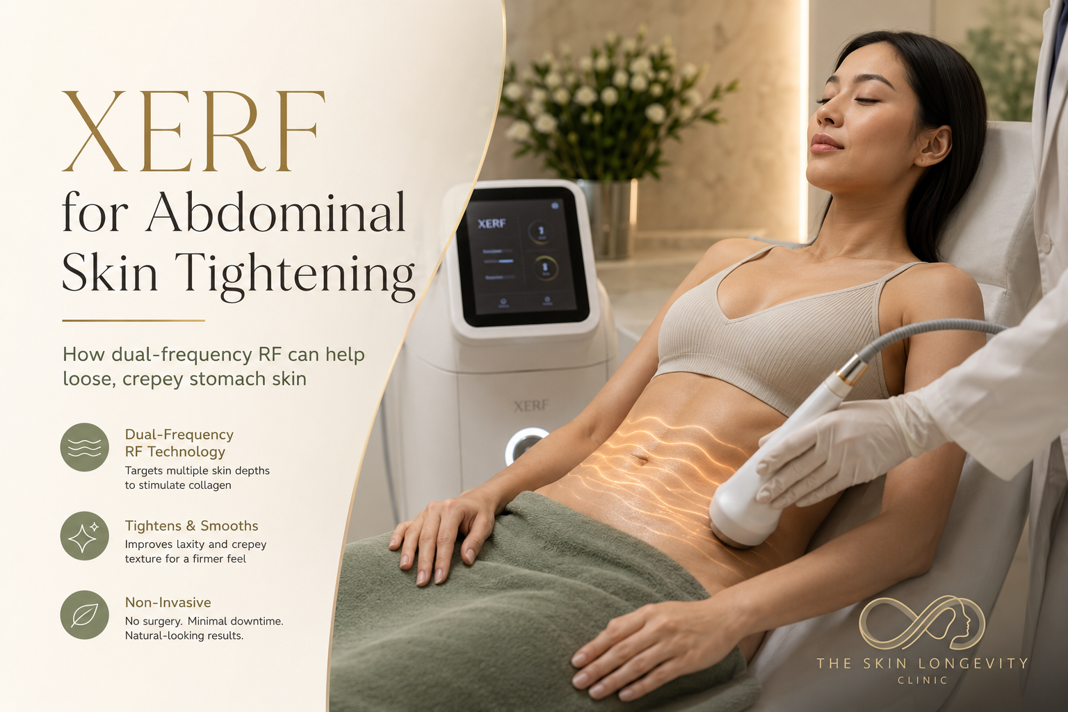 XERF abdominal skin tightening in Singapore using dual frequency RF for loose and crepey stomach skin