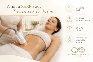 XERF body treatment experience for abdomen with cleansing, gel, controlled warmth and same day return to activity