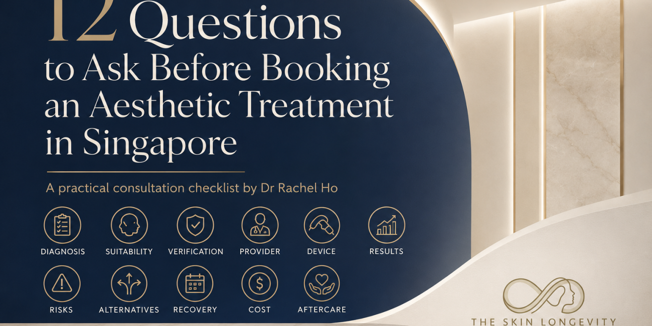 Twelve questions to ask before booking an aesthetic treatment in Singapore, covering diagnosis, licensing, results, risks, costs and aftercare.